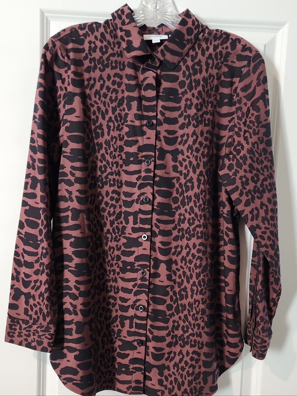 Chico's Brown and Black Leopard Print Long Sleeve Button Cuff Shirt